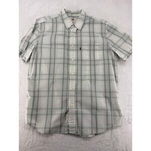 Levi's Button Down Mens Large Shirt Green White Plaid Short Sleeve Standard Fit